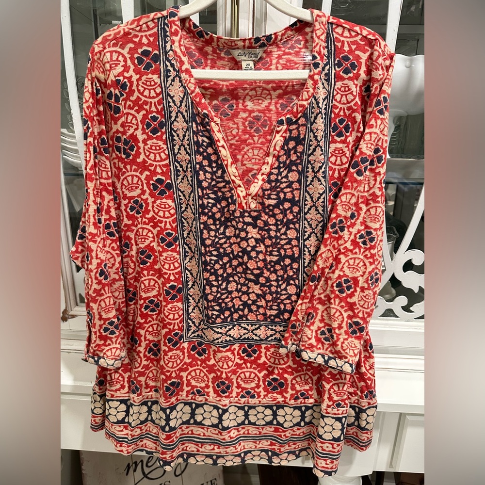 Lucky Brand Red and Navy Floral Tunic 2X